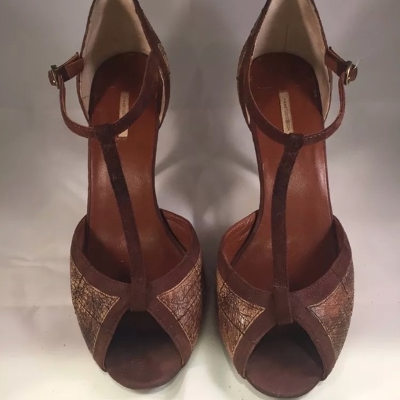 Max Studio Brown Beige Colorblock Leather Classic Suede T-Strap Peep Toe - Picture 2 of 8